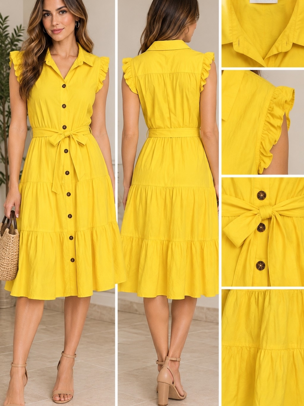 Calvin Klein Yellow Tiered Button-Front Midi Dress with Tie Waist